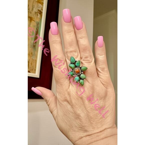 Green Kingman Turquoise &. Coral Cluster Ring Sterling Silver Adjustable 5-10 - Picture 3 of 5